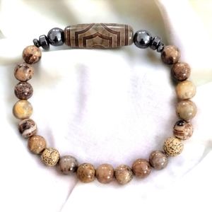 Black Fossil Coral Tibetan Dzi Agate & Hematite Stone Beads 8" Stretch Bracelet